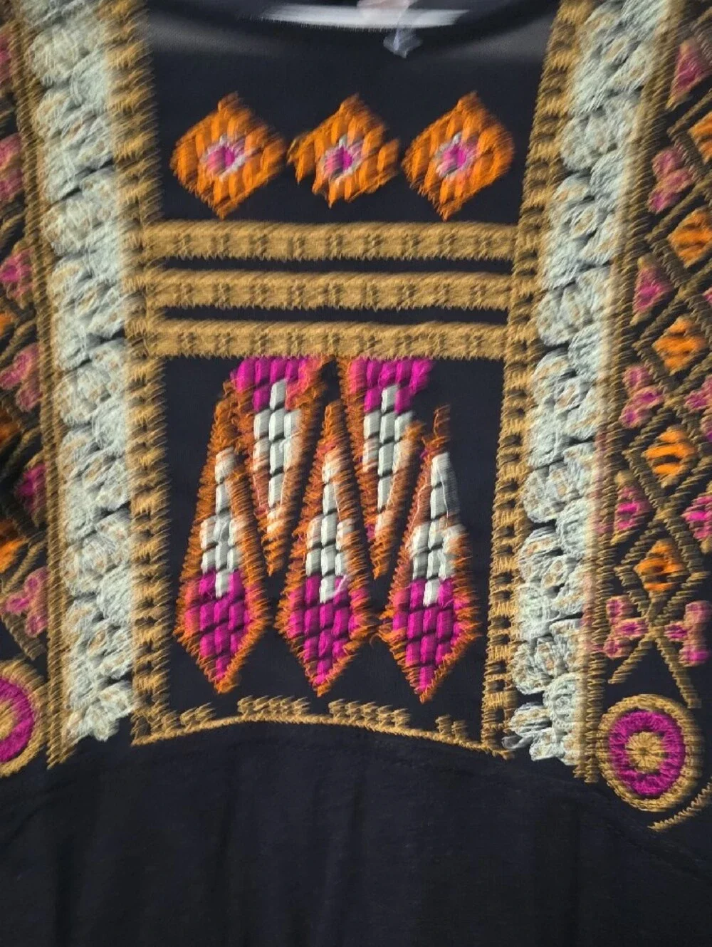 Free People Black Blouse with Multicolor Embroidered Yoke